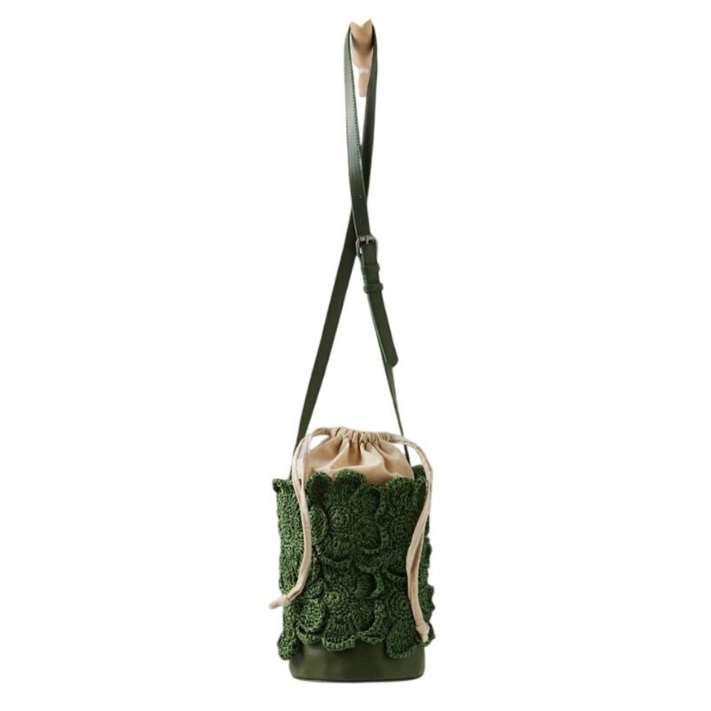 Free People Best in Show Bucket Bag OS Boho Green Crochet Leather Crossbody - Picture 10 of 11